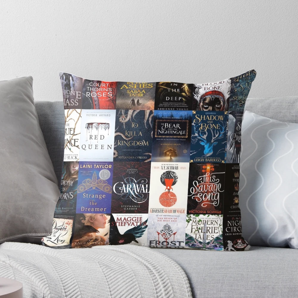 A cozy pillow featuring popular YA fantasy book titles like The Cruel Prince, Shadow and Bone, and Throne of Glass.