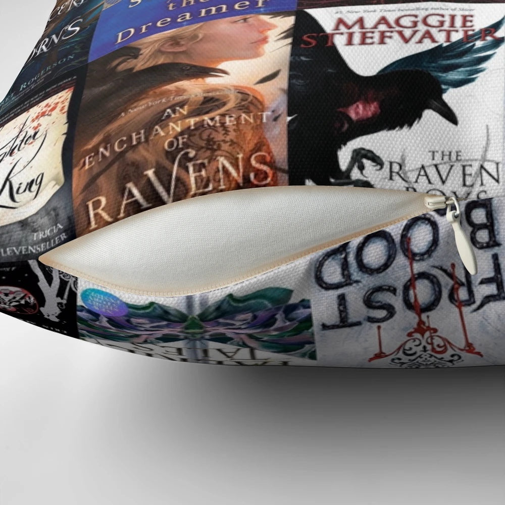A cozy pillow featuring popular YA fantasy book titles like The Cruel Prince, Shadow and Bone, and Throne of Glass.