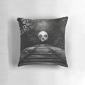 A dark and haunting pillow design featuring a gothic landscape with a skeletal figure on a railroad track under a moonlit, cloudy sky and the aurora borealis.