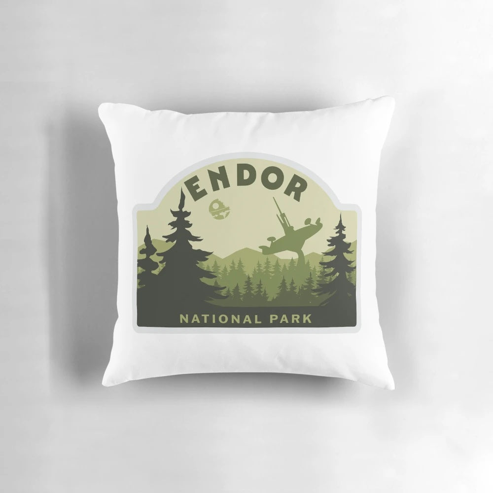 A plush throw pillow featuring the iconic Endor National Park landscape from the Star Wars universe.