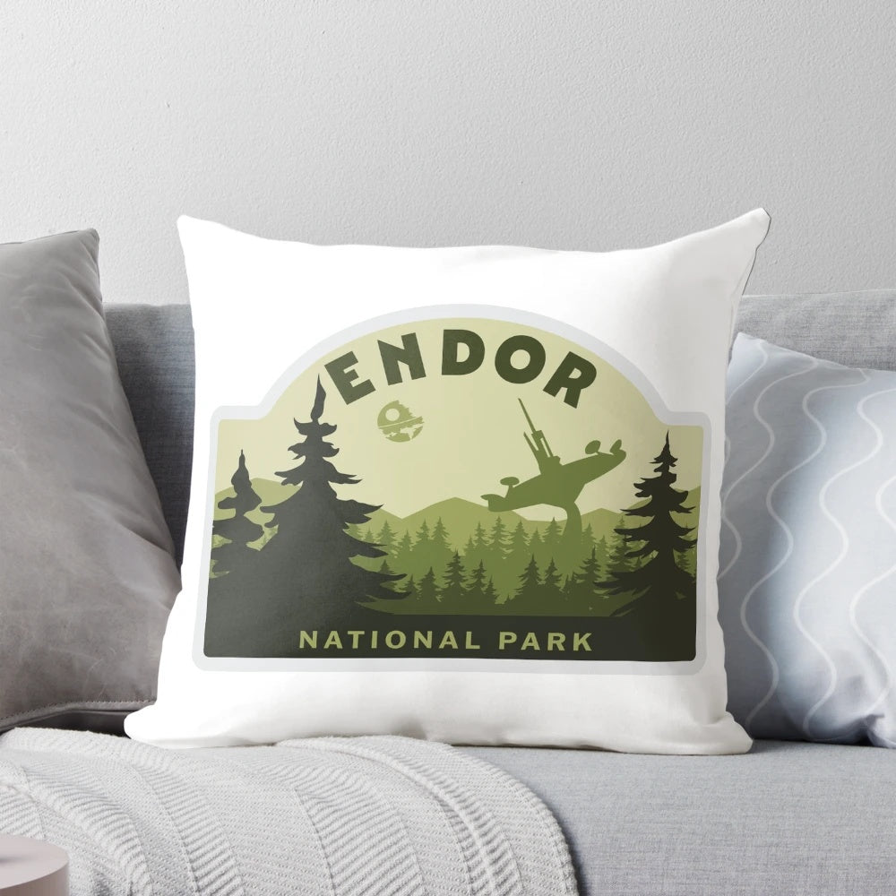 A plush throw pillow featuring the iconic Endor National Park landscape from the Star Wars universe.