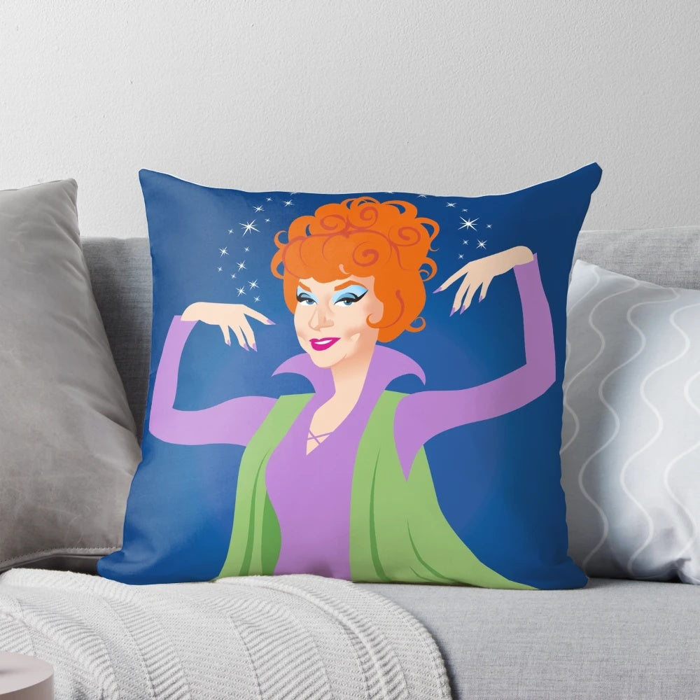 Decorative Endora-inspired pillow featuring the iconic witch character from the classic TV show Bewitched