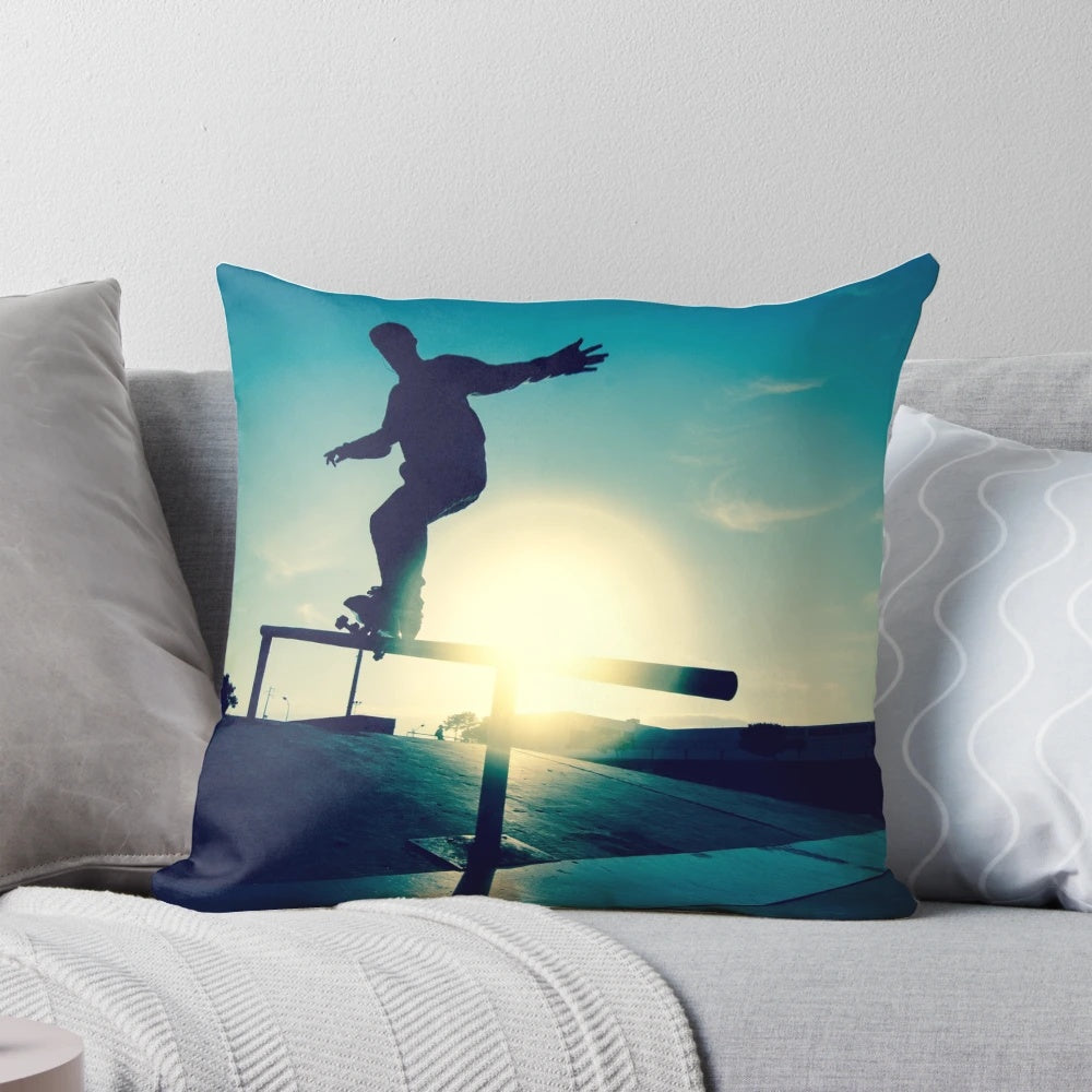 A dynamic pillow featuring a silhouette of a skateboarder performing a grind trick.