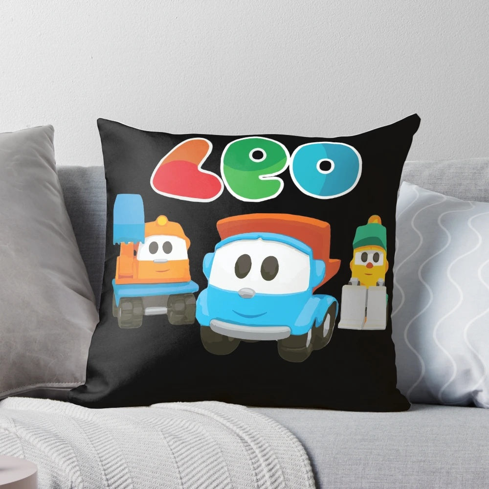 Colorful pillow featuring the character 'Leo the Truck' and his friends Lifty and Scoop