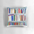 Cozy pillow featuring a bookcase design with the complete works of Shakespeare printed on the spines.