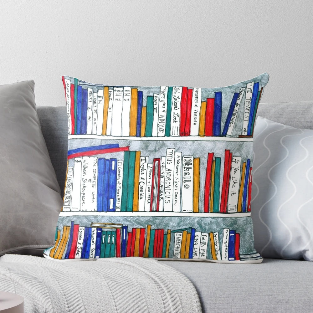 Cozy pillow featuring a bookcase design with the complete works of Shakespeare printed on the spines.