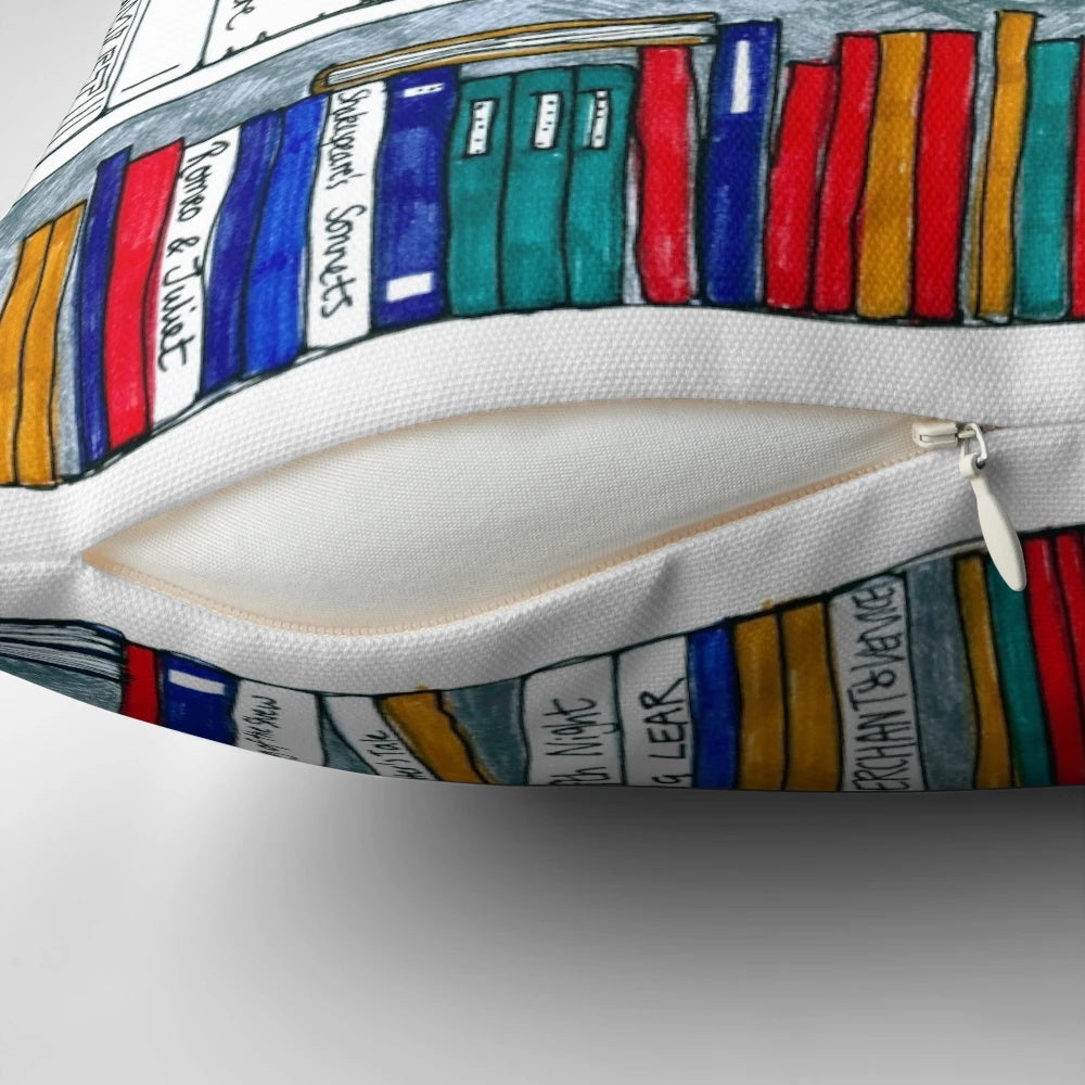 Cozy pillow featuring a bookcase design with the complete works of Shakespeare printed on the spines.