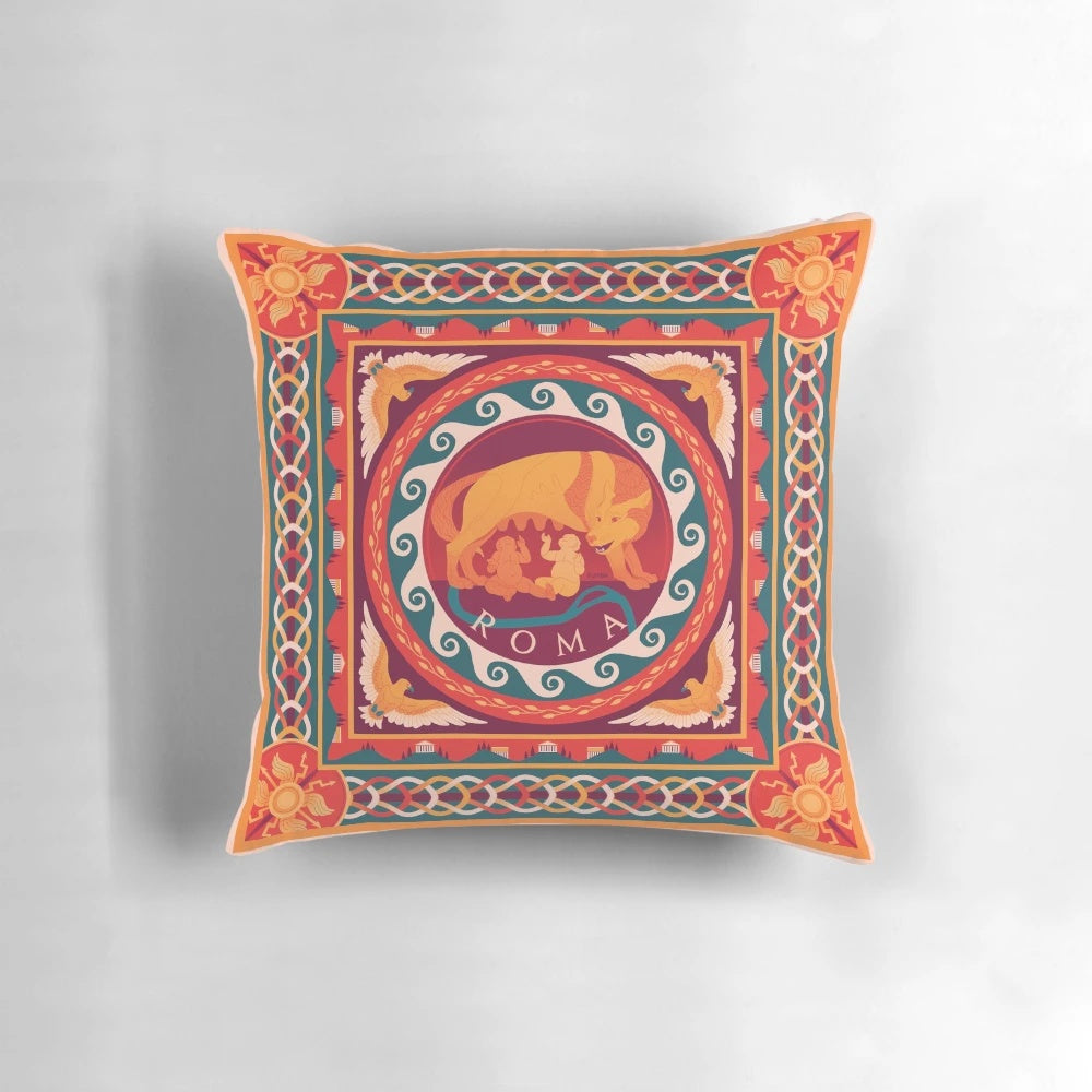 Decorative pillow featuring a mosaic design inspired by ancient Rome