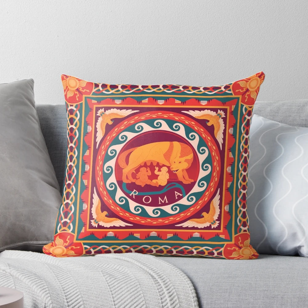 Decorative pillow featuring a mosaic design inspired by ancient Rome