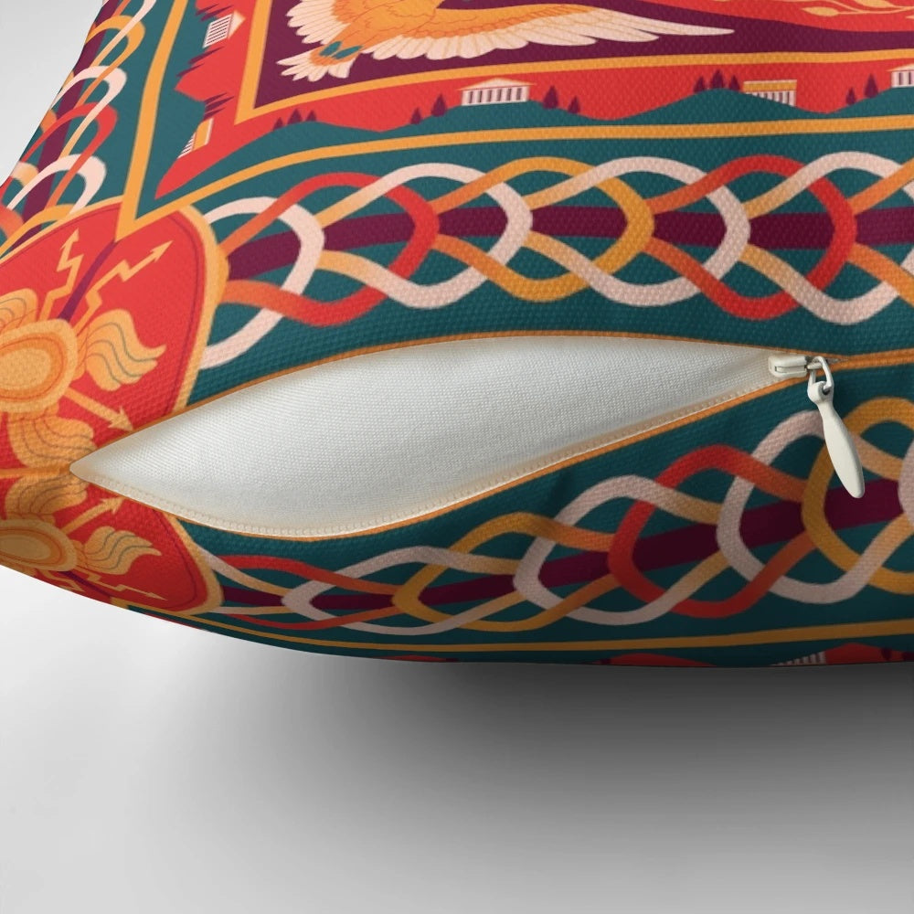 Decorative pillow featuring a mosaic design inspired by ancient Rome