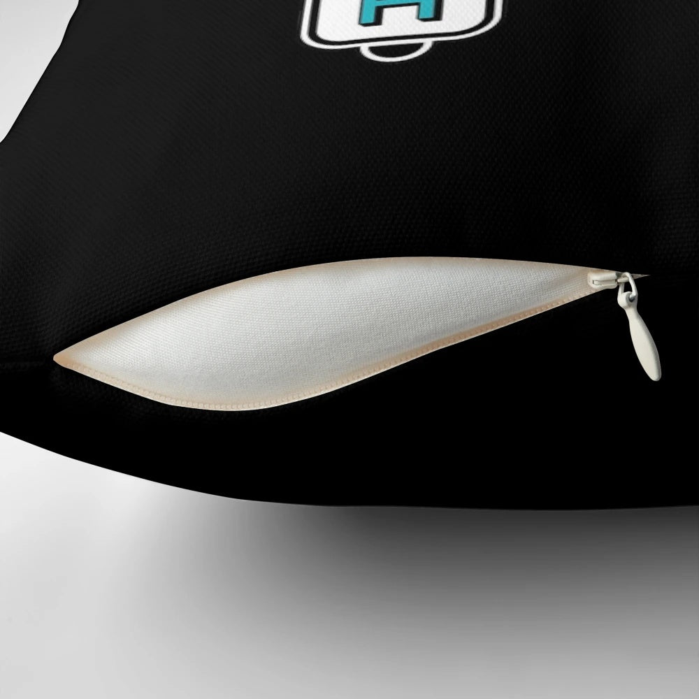 A cozy pillow perfect for a silent comedy watch party, featuring vintage film elements.