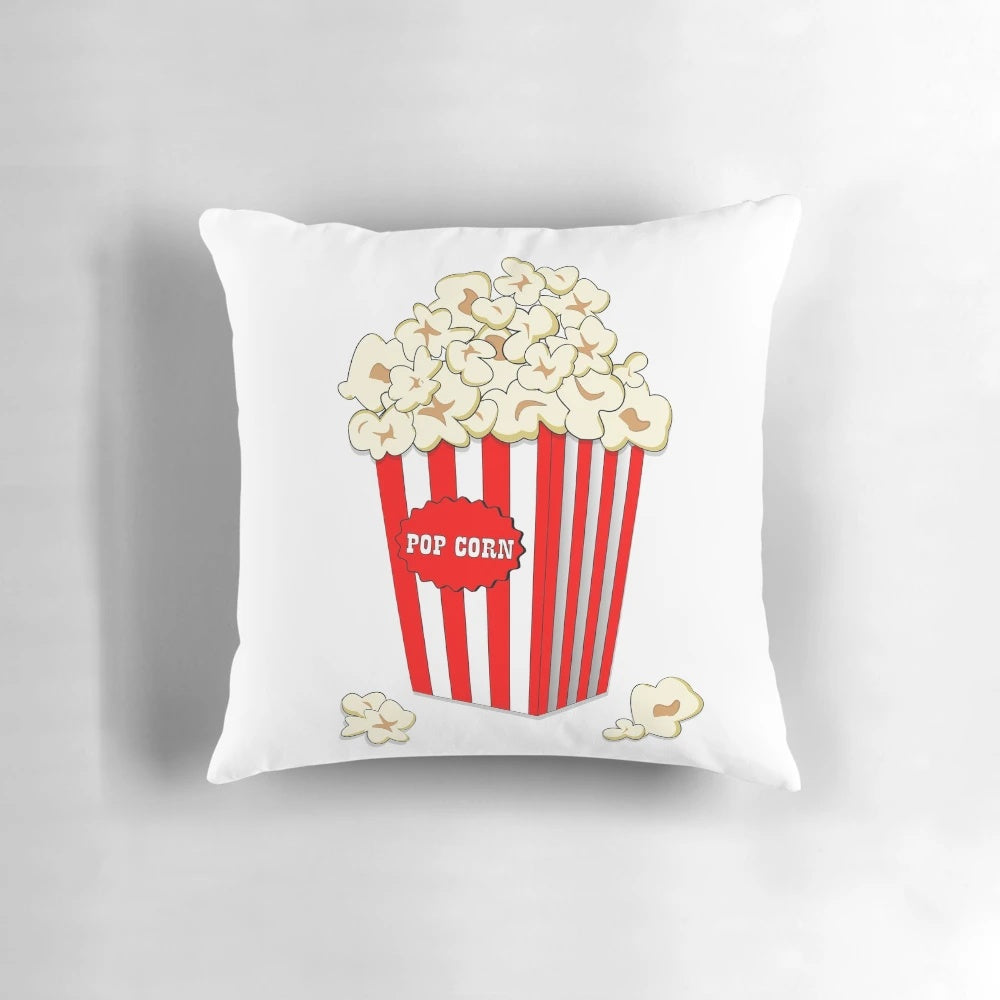 Vibrant popcorn-themed pillow for movie night and snack time enjoyment