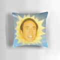 A colorful sun pillow featuring the iconic face of actor Nicolas Cage