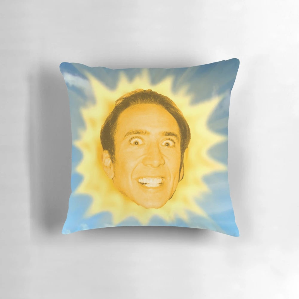 A colorful sun pillow featuring the iconic face of actor Nicolas Cage