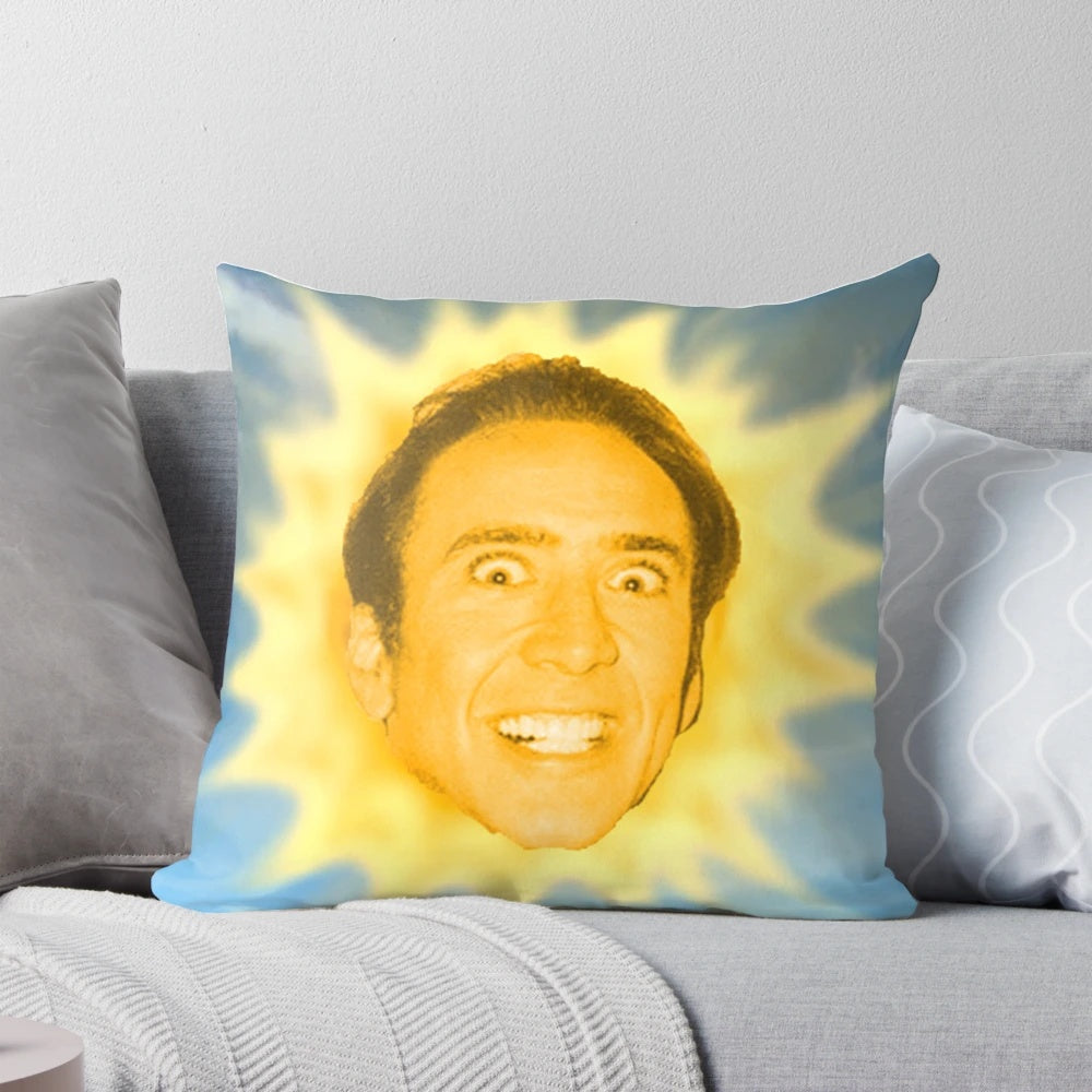 A colorful sun pillow featuring the iconic face of actor Nicolas Cage