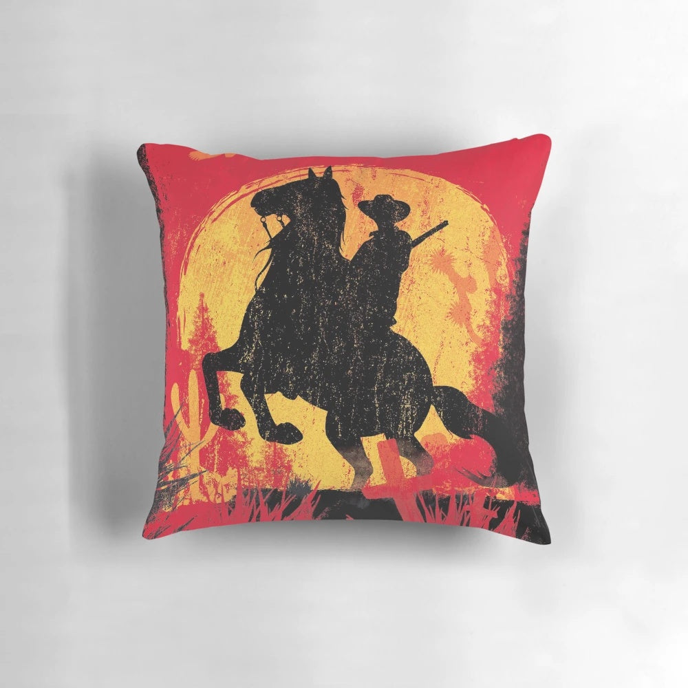 Red Dead Redemption themed sunset pillow with cowboy silhouette