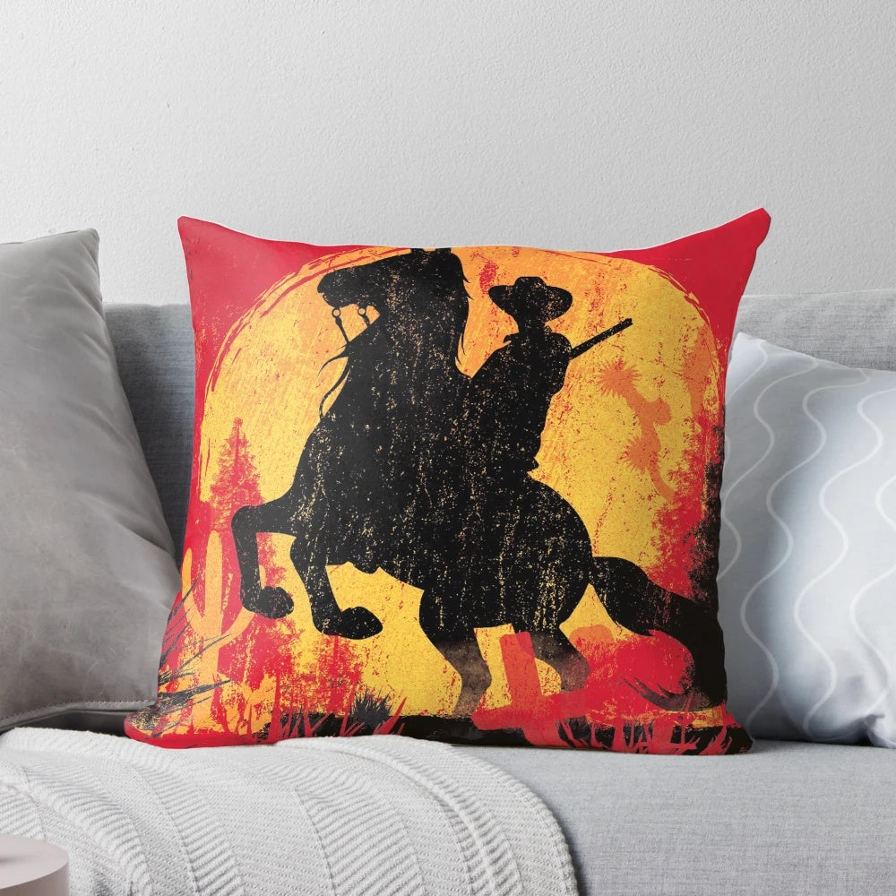 Red Dead Redemption themed sunset pillow with cowboy silhouette