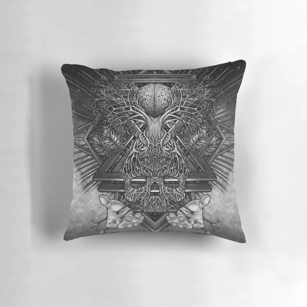 A decorative pillow featuring a stylized tree of life design, representing the connection between the brain and higher intelligence.