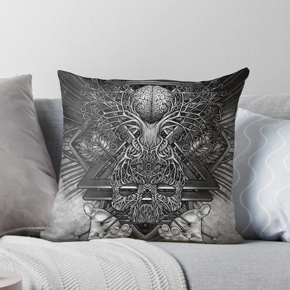 A decorative pillow featuring a stylized tree of life design, representing the connection between the brain and higher intelligence.