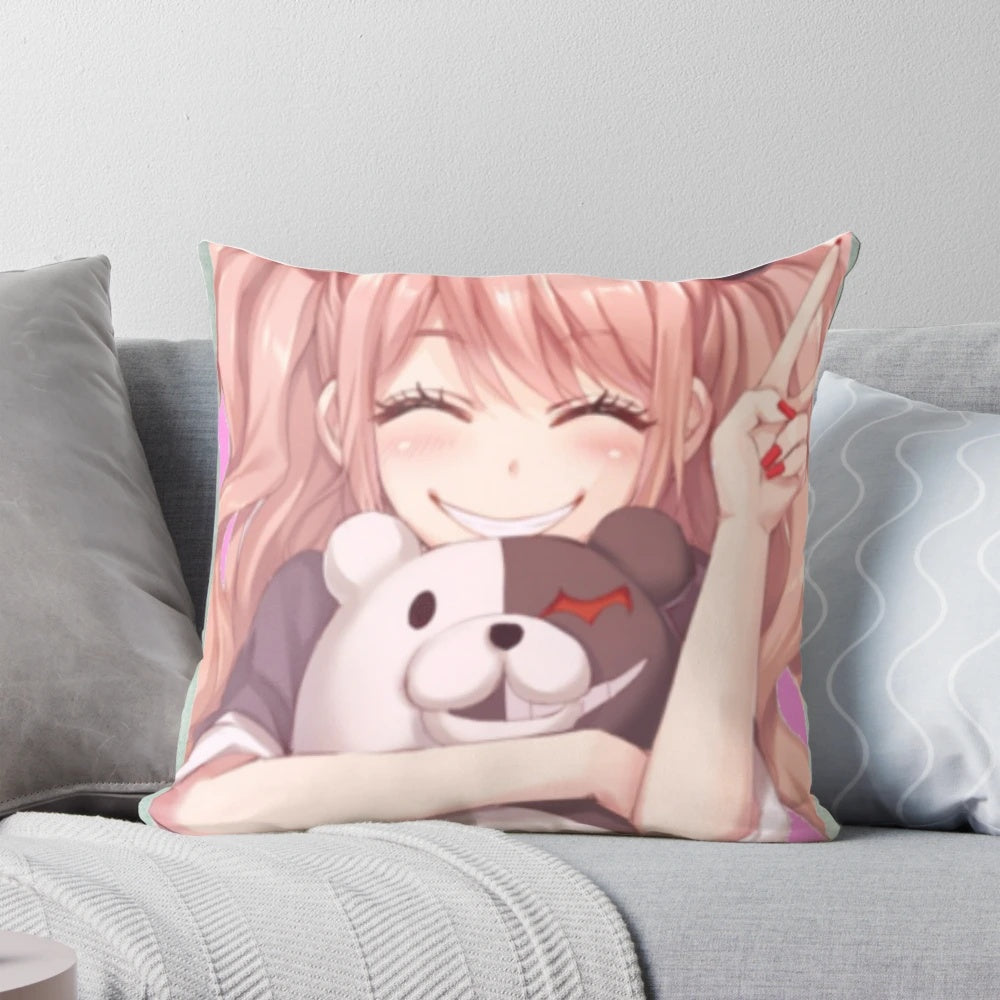 Enoshima inspired anime-style pillow with black and white Polaroid design