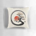 Enso circle and bonsai tree design on a canvas pillow, featuring a minimalist zen landscape.