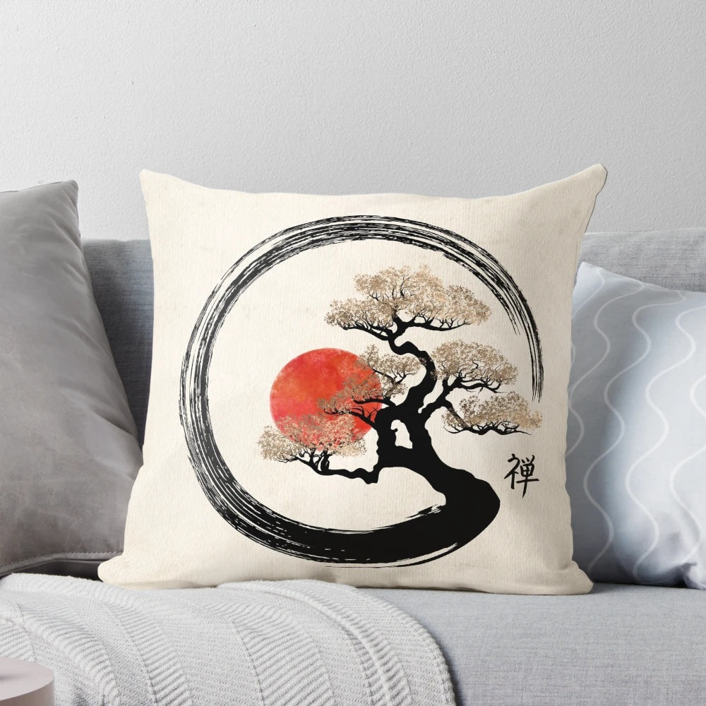 Enso circle and bonsai tree design on a canvas pillow, featuring a minimalist zen landscape.