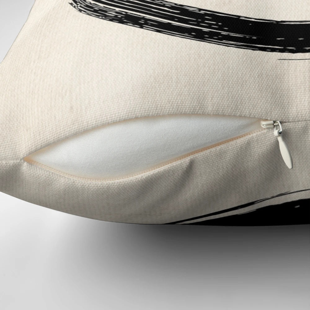 Enso circle and bonsai tree design on a canvas pillow, featuring a minimalist zen landscape.