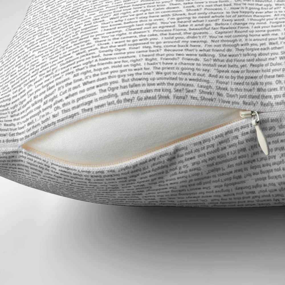 Shrek script printed on a large, soft, plush pillow