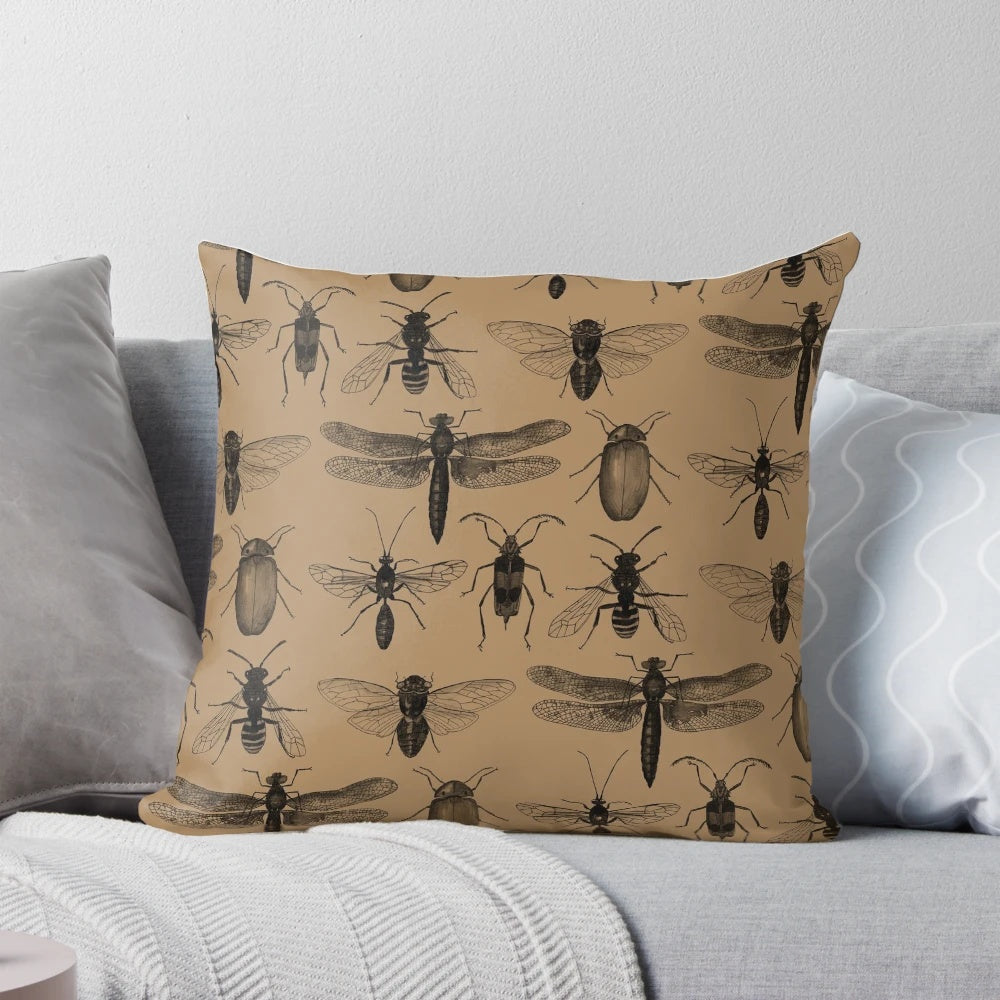 Pillow featuring a vibrant, nature-inspired insect pattern design.