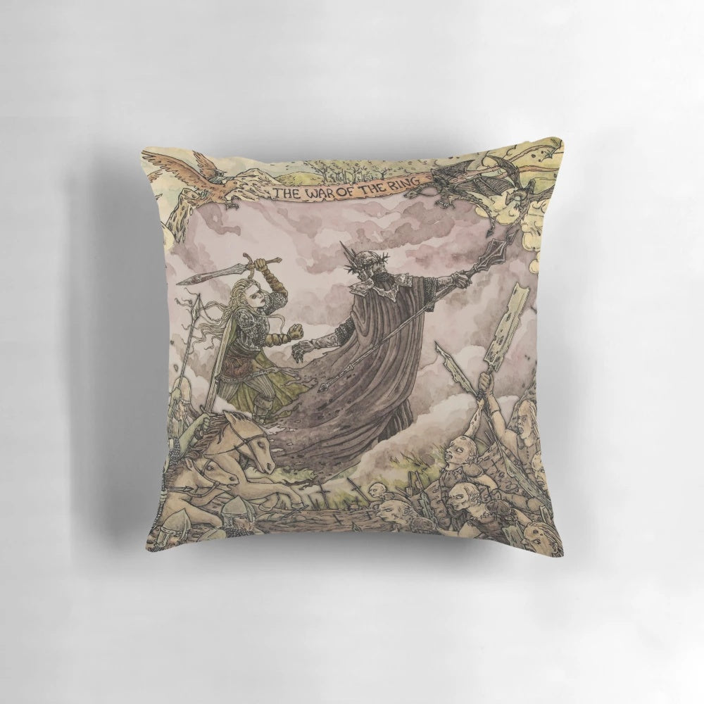 Eowyn, a female warrior, stands defiantly against the Witch King of Angmar, a fearsome Nazgul, on this Lord of the Rings-inspired decorative pillow.