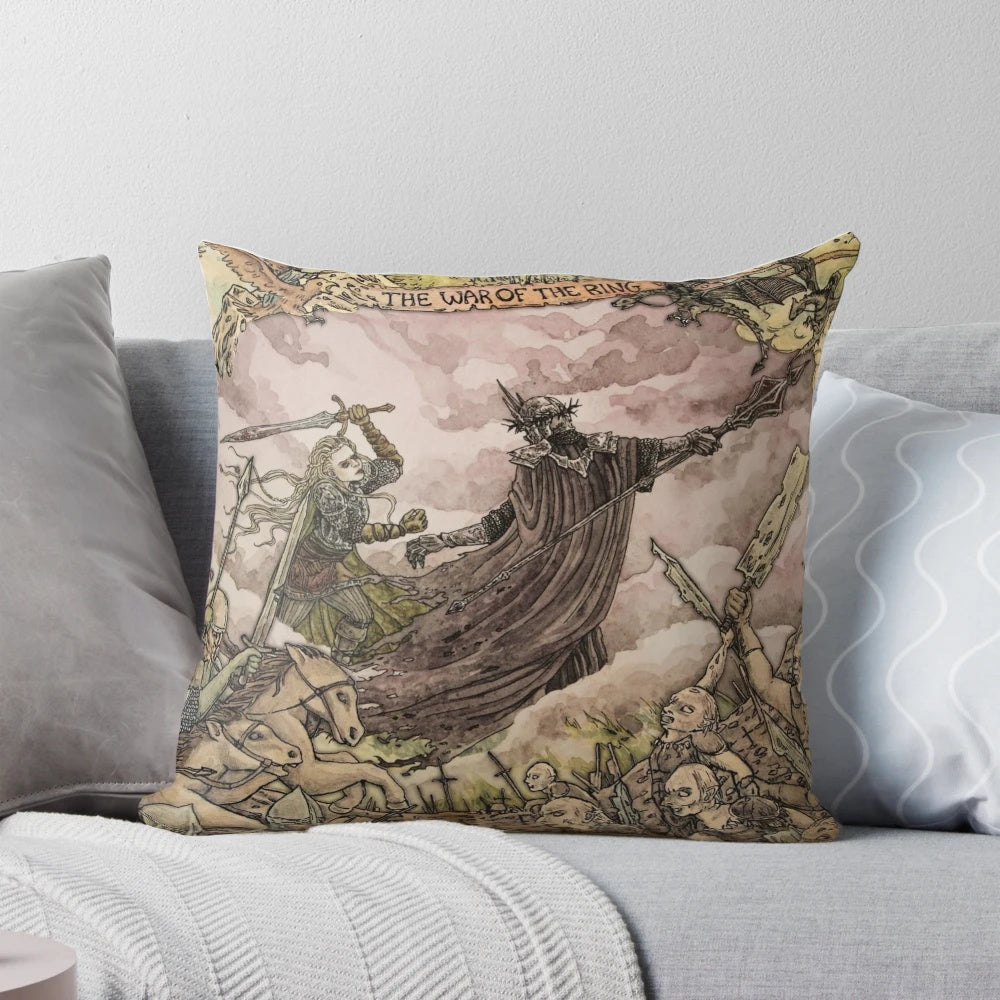 Eowyn, a female warrior, stands defiantly against the Witch King of Angmar, a fearsome Nazgul, on this Lord of the Rings-inspired decorative pillow.