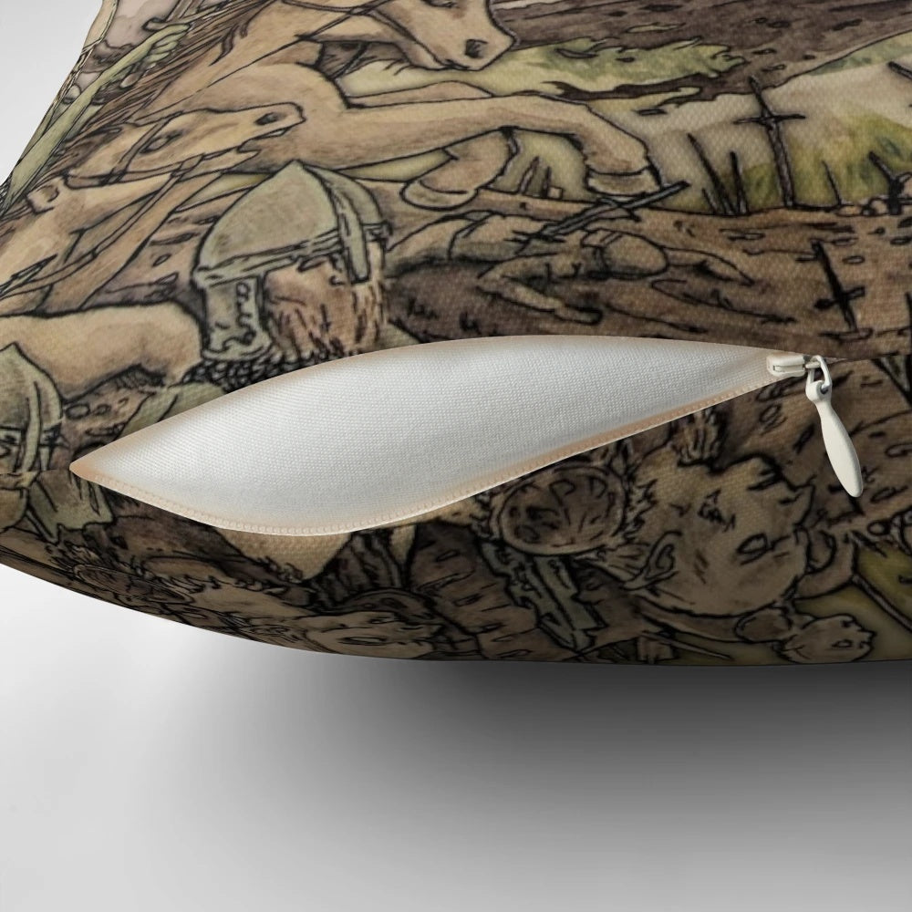 Eowyn, a female warrior, stands defiantly against the Witch King of Angmar, a fearsome Nazgul, on this Lord of the Rings-inspired decorative pillow.