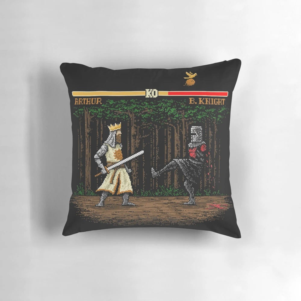 Retro pixel art pillow featuring an epic fight between the Black Knight and a Street Fighter character, inspired by Monty Python and the Holy Grail.