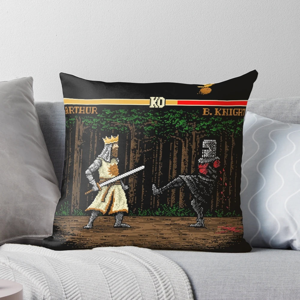Retro pixel art pillow featuring an epic fight between the Black Knight and a Street Fighter character, inspired by Monty Python and the Holy Grail.