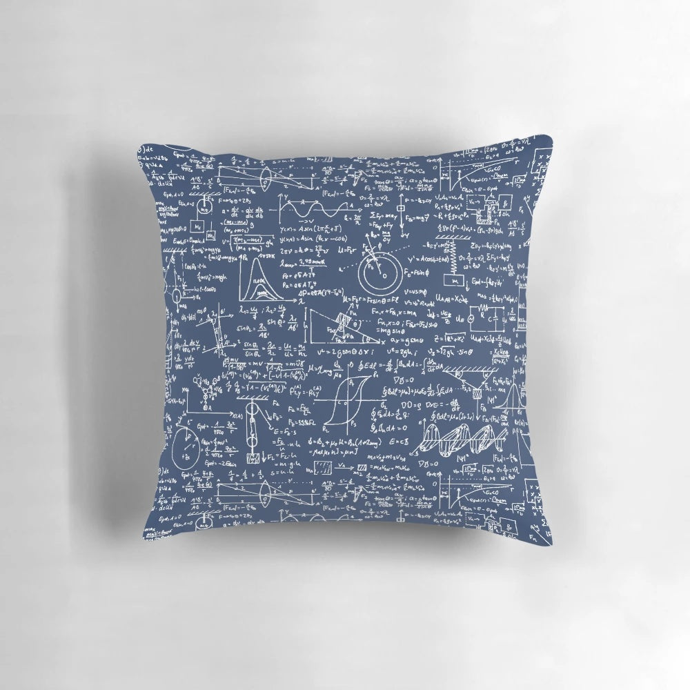 Navy blue pillow with physics equations, formulas, and mathematical symbols