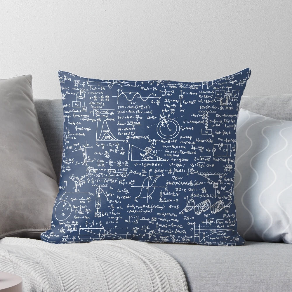 Navy blue pillow with physics equations, formulas, and mathematical symbols