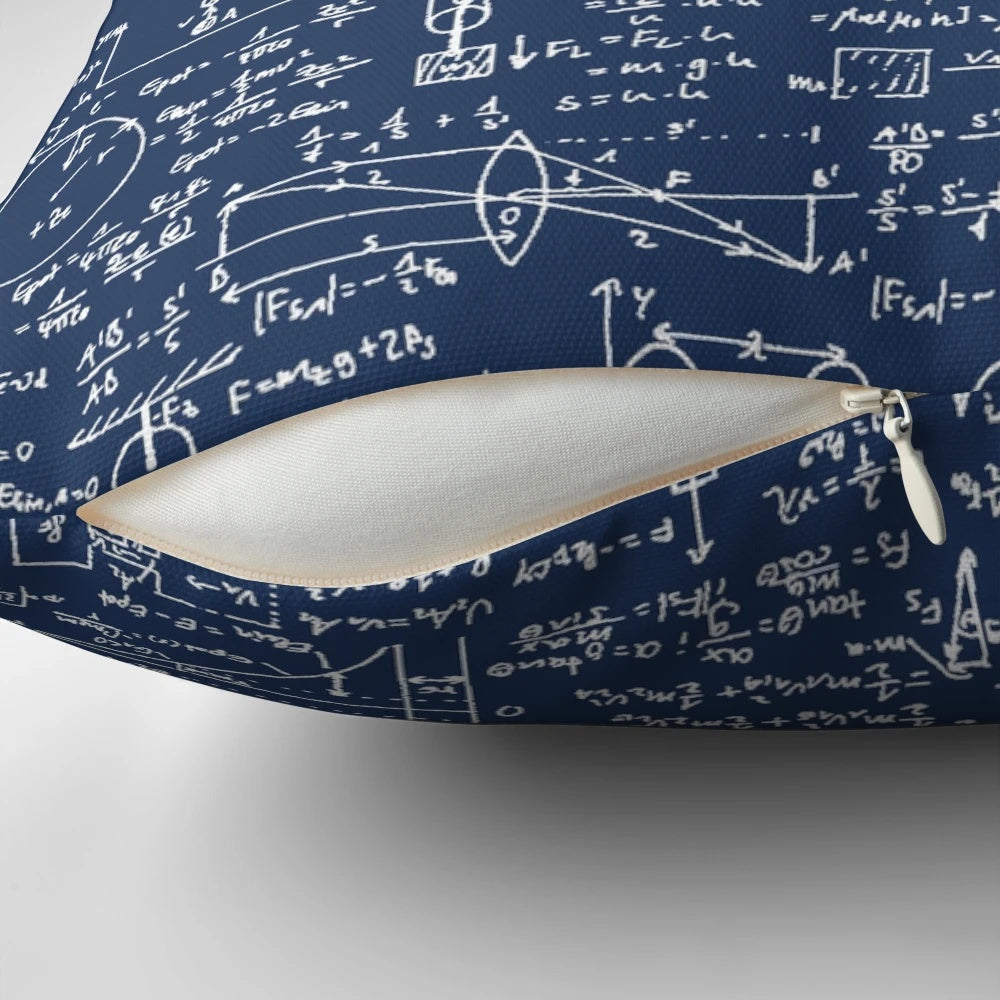Navy blue pillow with physics equations, formulas, and mathematical symbols