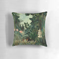 Colorful pillow featuring Henri Rousseau's "The Equatorial Jungle" painting, showcasing a lush tropical landscape.