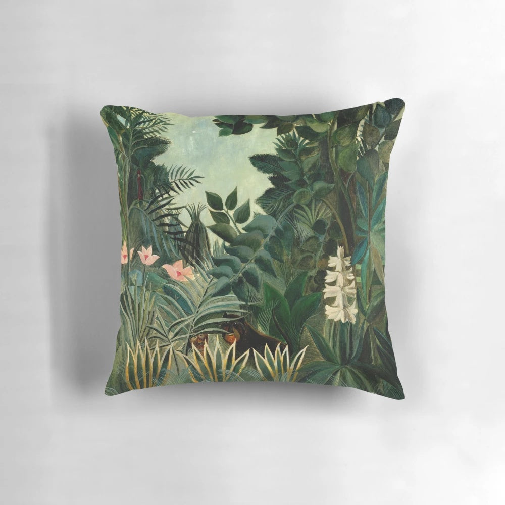 Colorful pillow featuring Henri Rousseau's "The Equatorial Jungle" painting, showcasing a lush tropical landscape.