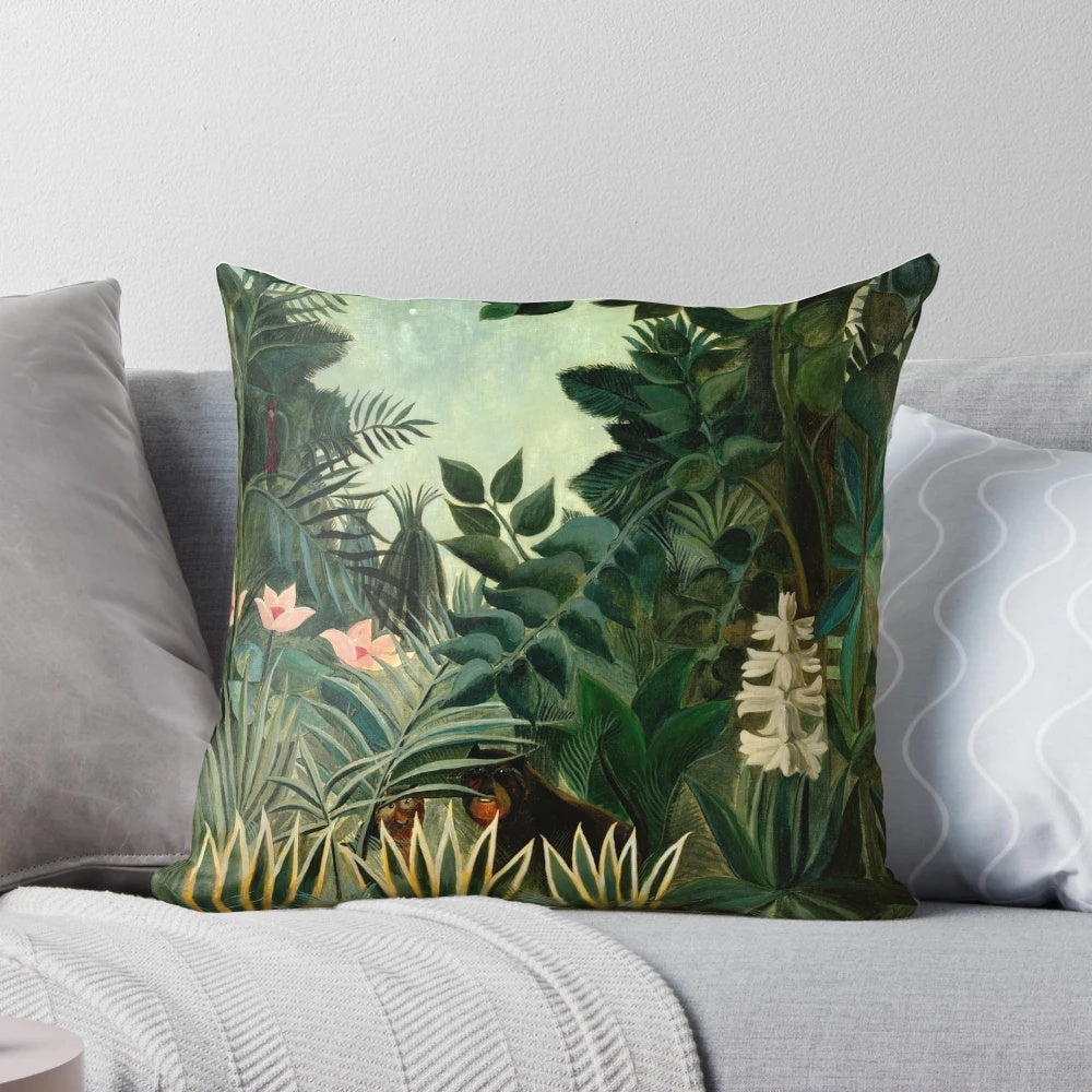 Colorful pillow featuring Henri Rousseau's "The Equatorial Jungle" painting, showcasing a lush tropical landscape.