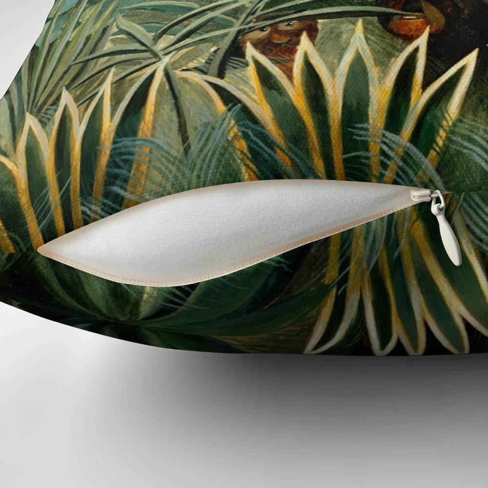 Colorful pillow featuring Henri Rousseau's "The Equatorial Jungle" painting, showcasing a lush tropical landscape.