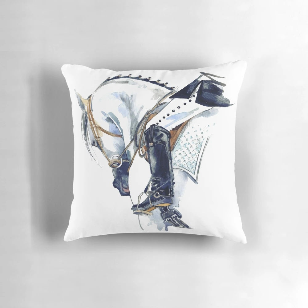Decorative pillow featuring an illustration of a dressage horse in competition attire.