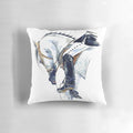 Decorative pillow featuring an illustration of a dressage horse in competition attire.