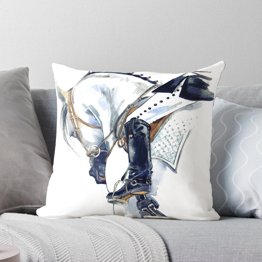 Decorative pillow featuring an illustration of a dressage horse in competition attire.