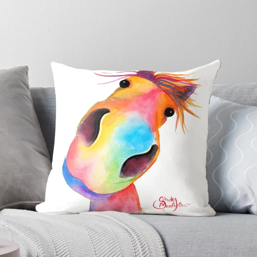 Colorful horse print pillow featuring 'The Happy Horses' design by Shirley MacArthur