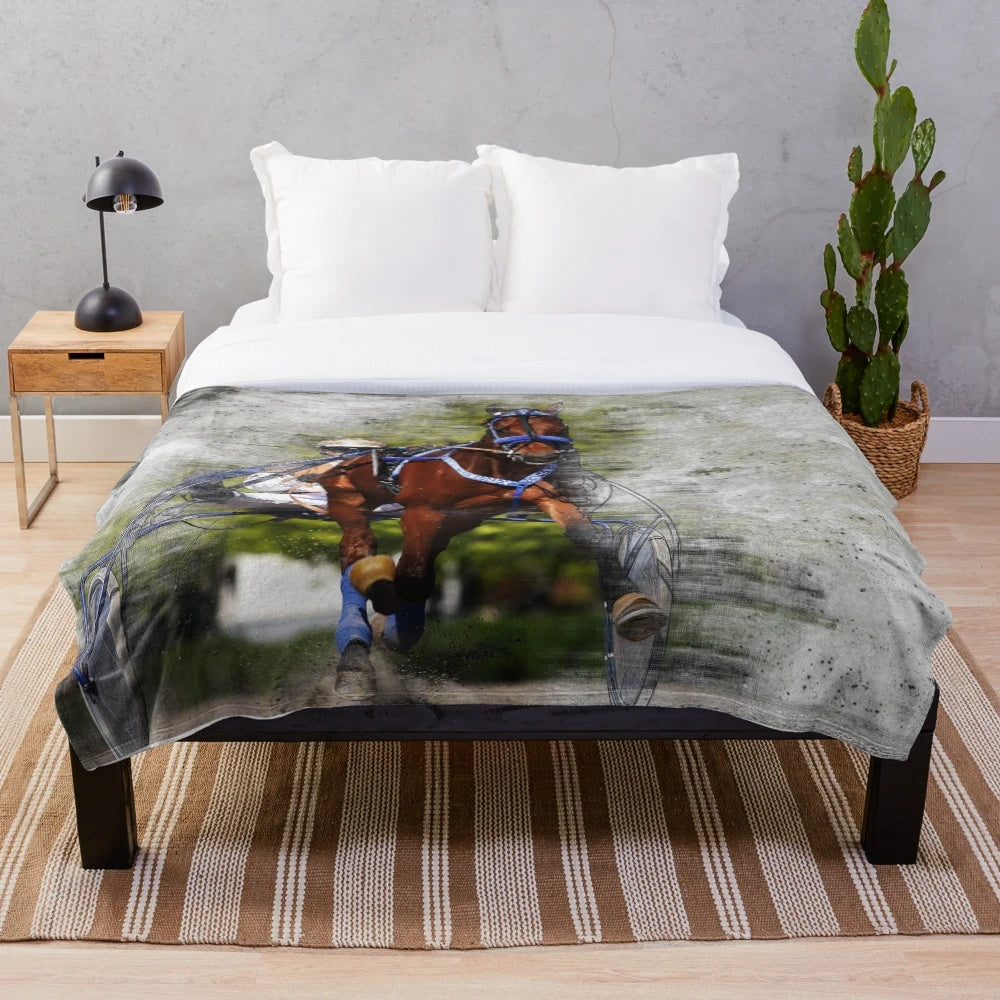 Plush blanket featuring a harness horse racing design
