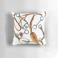 Equestrian-themed pillow with a watercolor pattern of horses and equestrian gear against a seamless background.