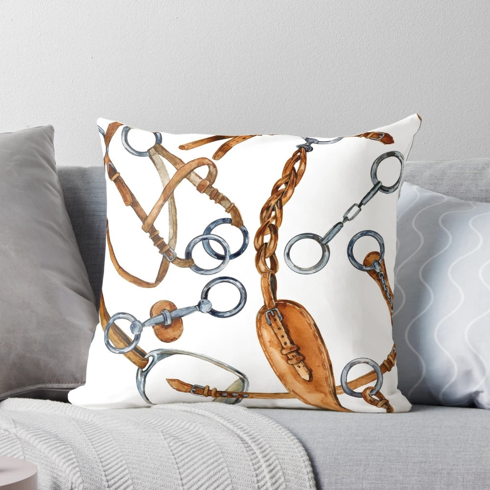 Equestrian-themed pillow with a watercolor pattern of horses and equestrian gear against a seamless background.