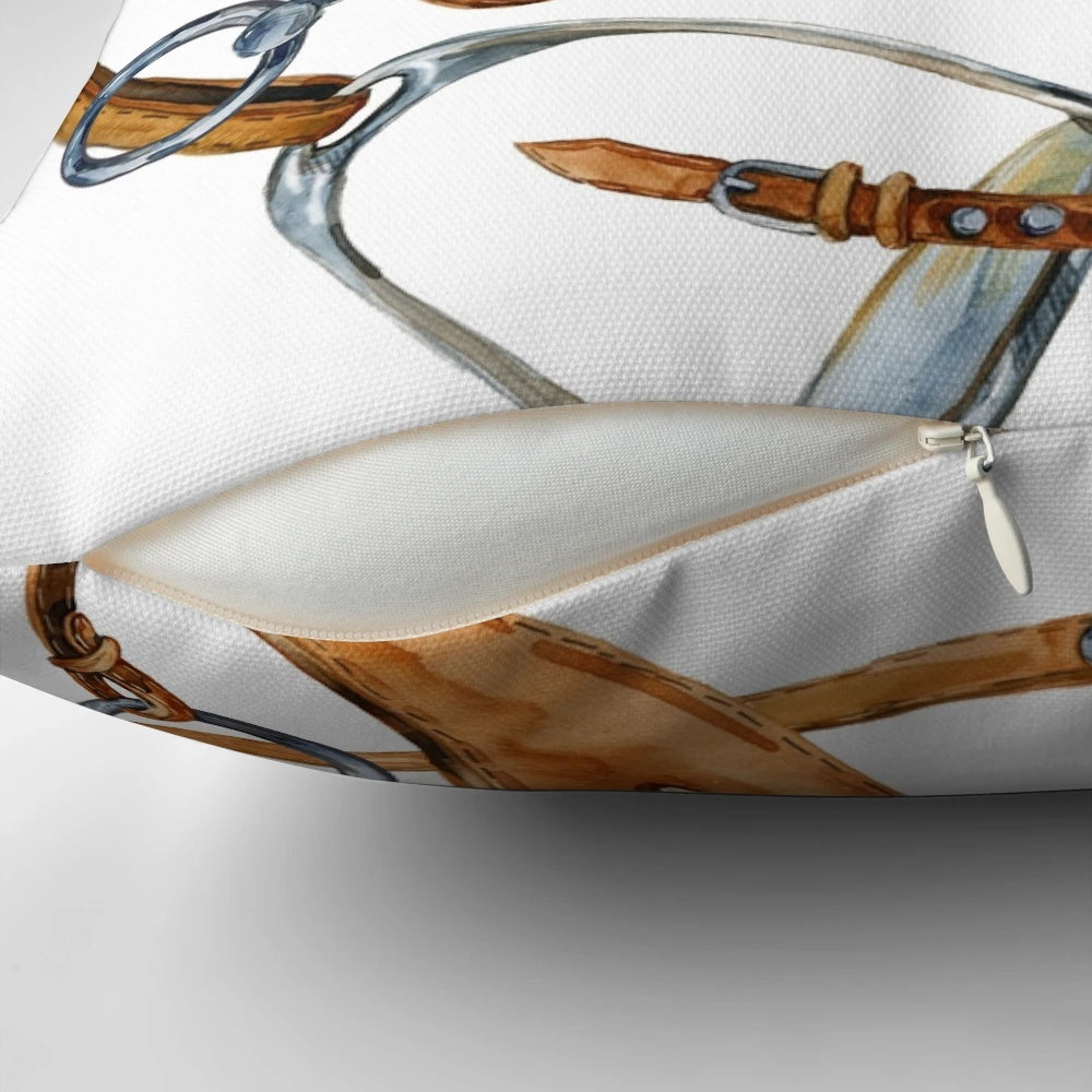 Equestrian-themed pillow with a watercolor pattern of horses and equestrian gear against a seamless background.
