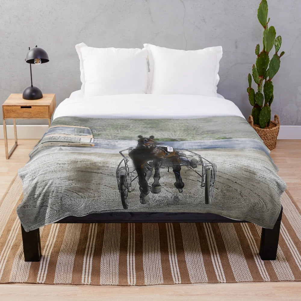 Plush blanket featuring harness horse cart racing scene